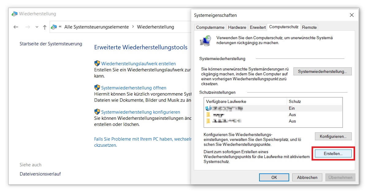 Einen Windows 10 Wiederherstellungspunkt erstellen und die Festplatte konfigurieren
