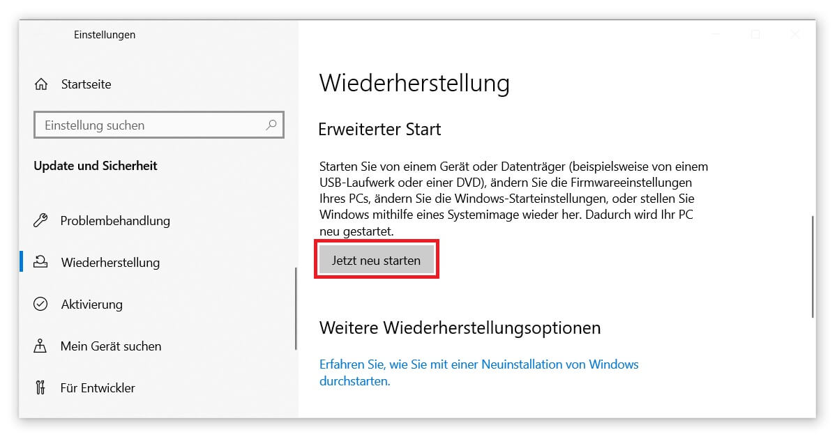 Bootmanager bearbeiten und reparieren mit dem Erweiterten Start von Windows 10